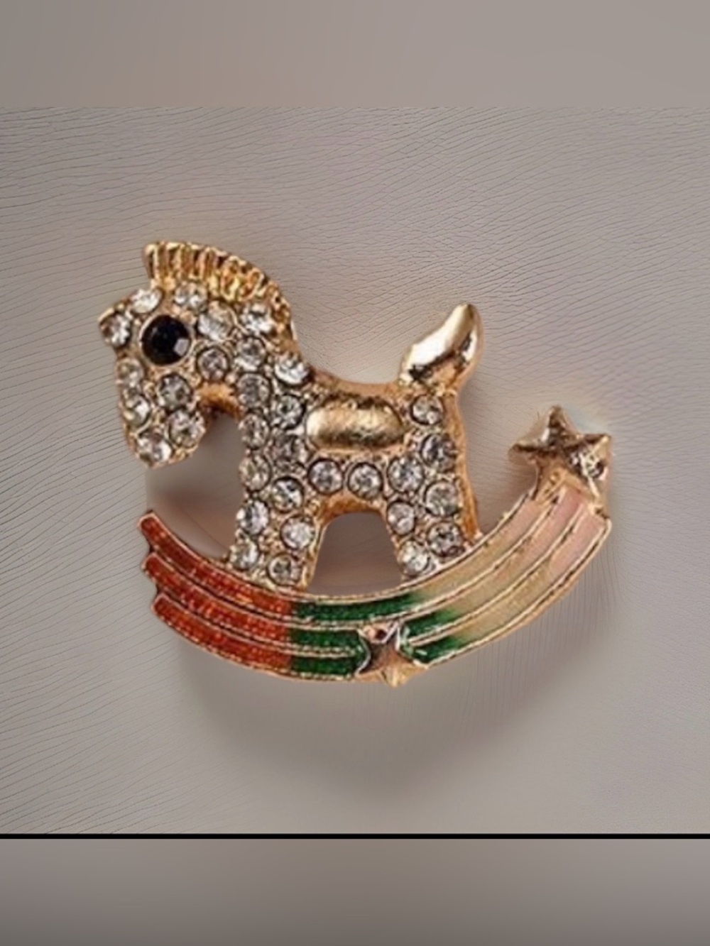Gold Tone Rocking Horse Pin with Multicolor Rainbow & Stars Rhinestones Accent